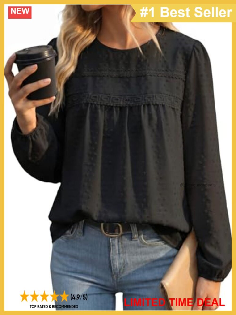 Women's Boho Long Sleeve Blouse Lace Hem Swiss Dot Crochet Top